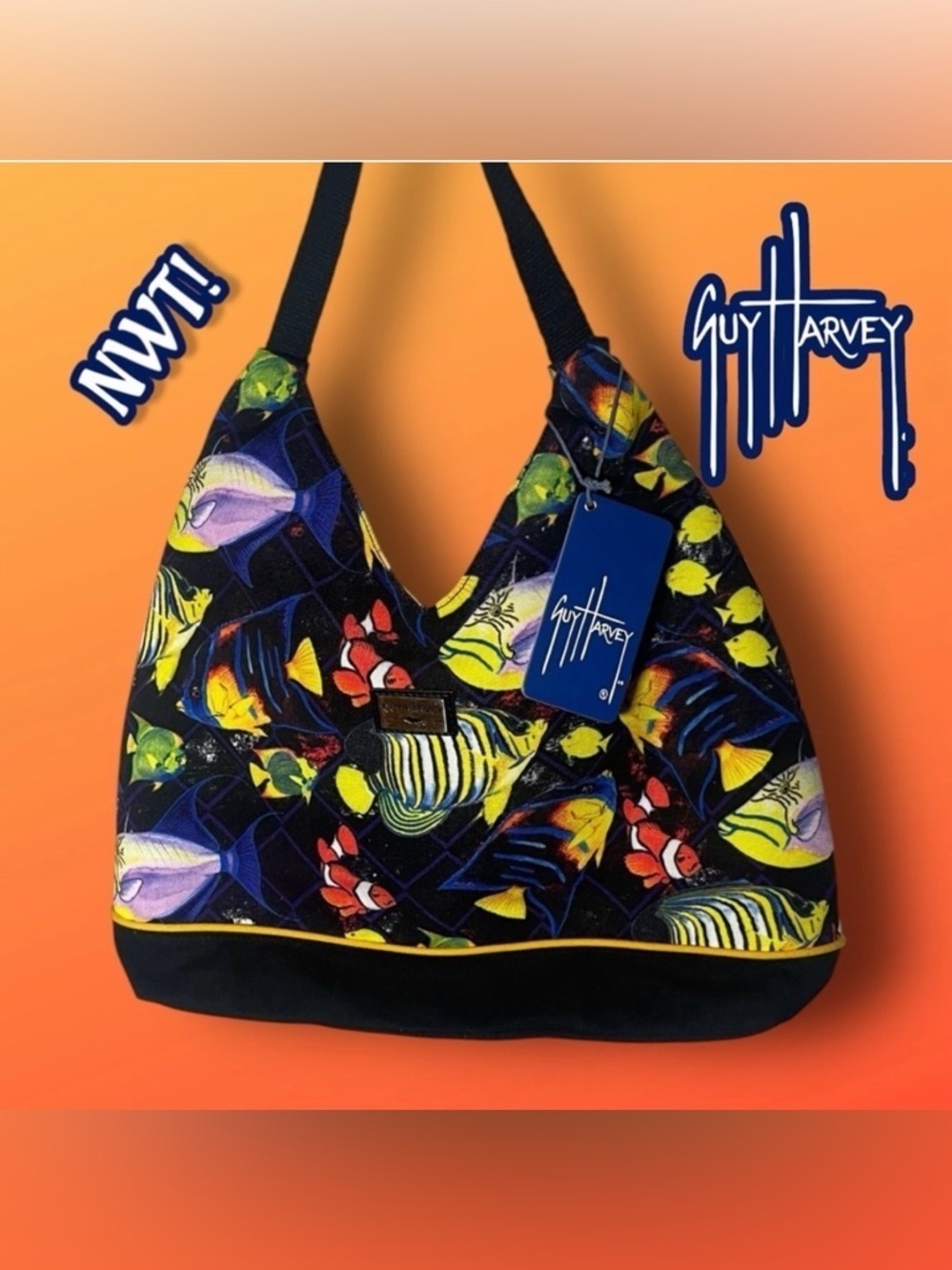 NWT Guy Harvey Tropical Fish Canvas Hobo Tote Bag Black Yellow Neon